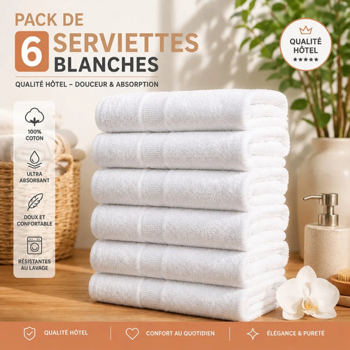 Pack de 6 serviettes blanches en coton 500 g/m2, 50x100 cm - Trendhomedz
