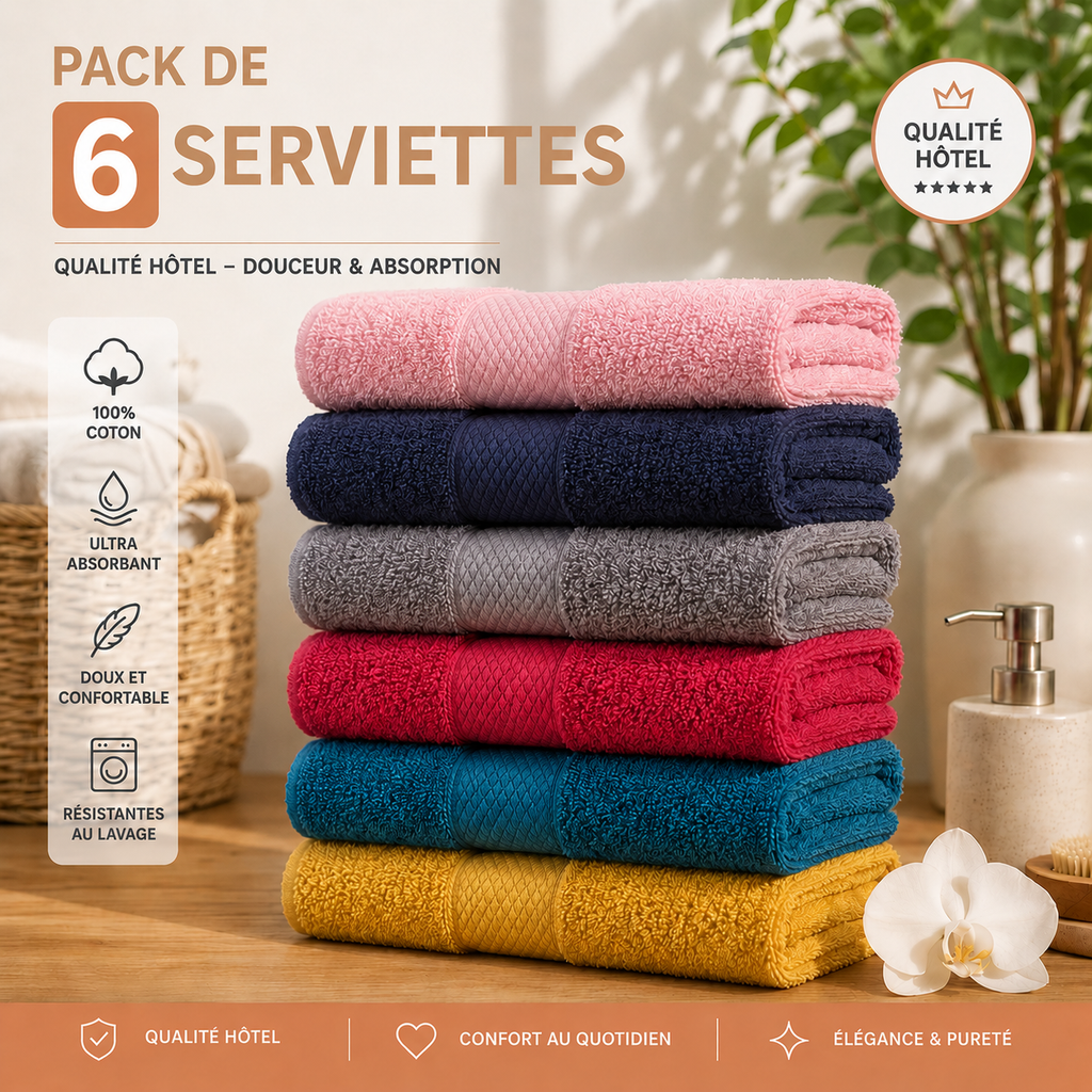 Pack de 6 serviettes blanches 100% coton 50x100 cm - Trendhomedz