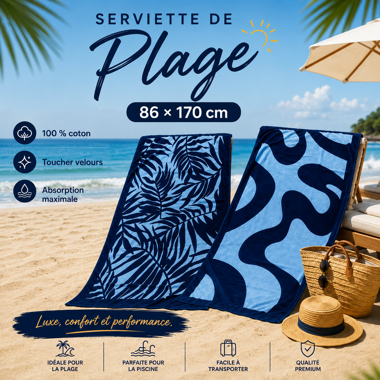 Serviette de plage – 86 × 170 cm